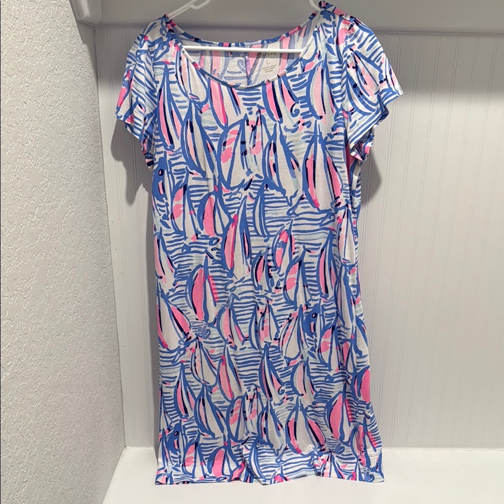 Lilly Pulitzer Marlowe dress in blue haven pop up red right return